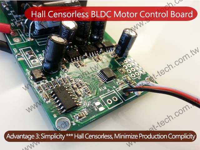 BLDC Motor Control Board:Simplicity --- Hall Censorless design to minimize the complicity of motor assembly.